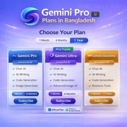 Gemini Pro Price in BD displayed on desktop pricing interface comparing Gemini AI subscription plans and payment options dashboard