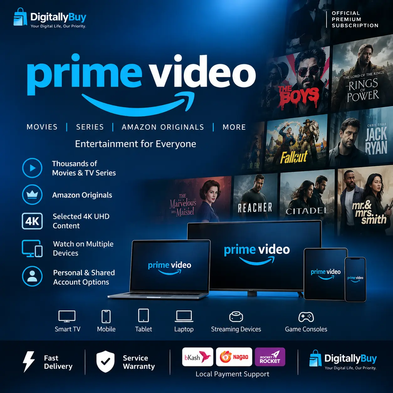 Amazon Prime Video Price in BD personal and shared 4K Full Owner Account subscription in Bangladesh from DigitallyBuy