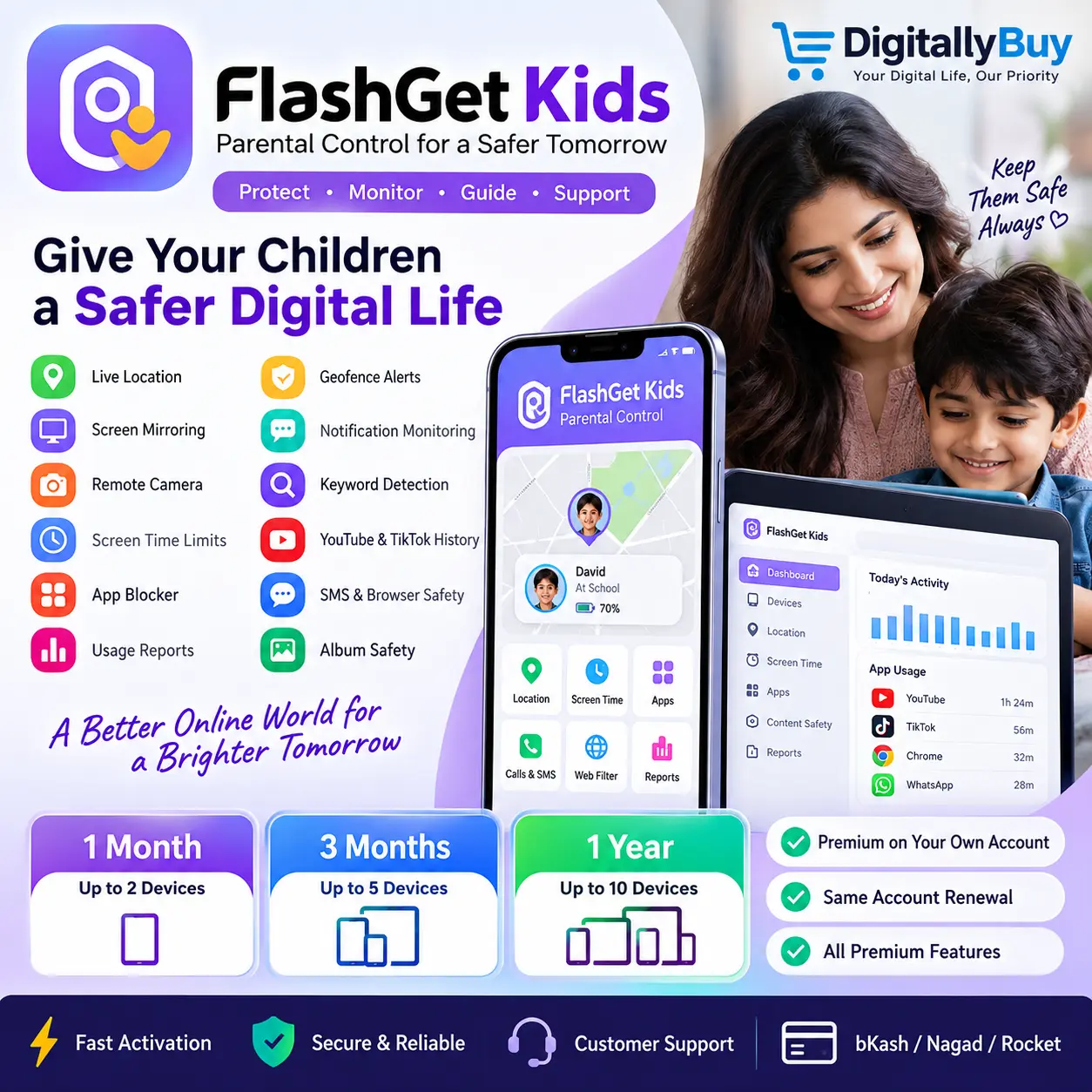 FlashGet Kids Premium Price in BD parental control subscription with own account activation and device monitoring in Bangladesh.