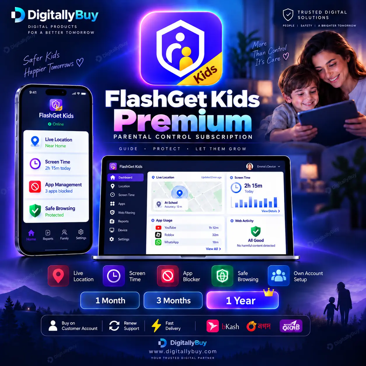 FlashGet Kids Premium Price in BD parental control subscription with own account activation and device monitoring in Bangladesh